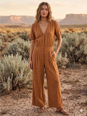 Trovata Birds of Paradis Jumpsuit Tan Herringbone 10 Cotton Blend Sleeveless